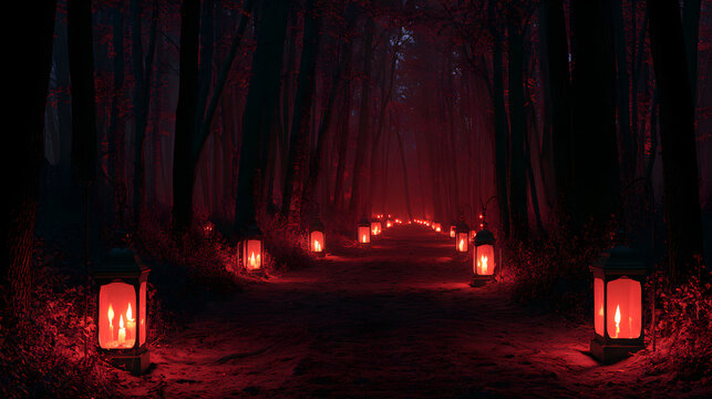 Halloween wallpaper, dark forest path lit by lanterns by a flickering candle glow, eerie and chilling atmosphere, deep red and black tones, photorealistic style, dramatic shadow contrast