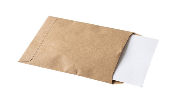 Open brown kraft paper envelope with blank white card inside for invitation or greeting mailing mockup.