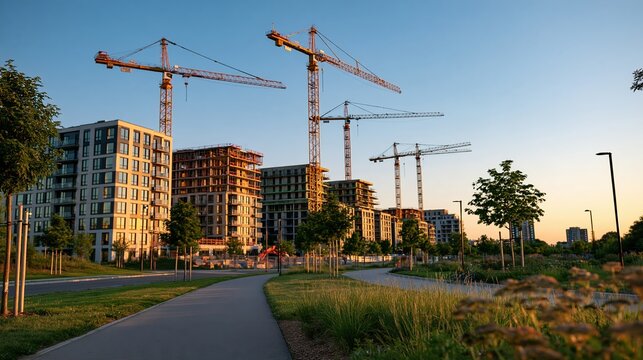 Modern residential complex under construction with completed landscaping and public paths