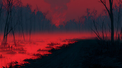Obraz premium Halloween wallpaper, dark swamp with glowing fog along a dark country road, playful spooky Halloween spirit, blood red and charcoal palette, gothic illustration style, high resolution