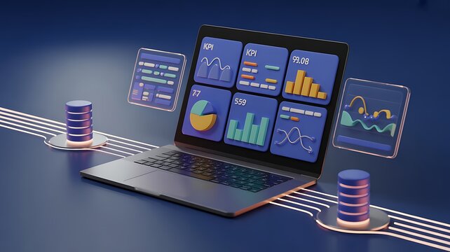 Computer laptop and dashboard for data business analysis and Data Management System with KPI and metrics connected to the database for technology finance, operations, sales, marketing 