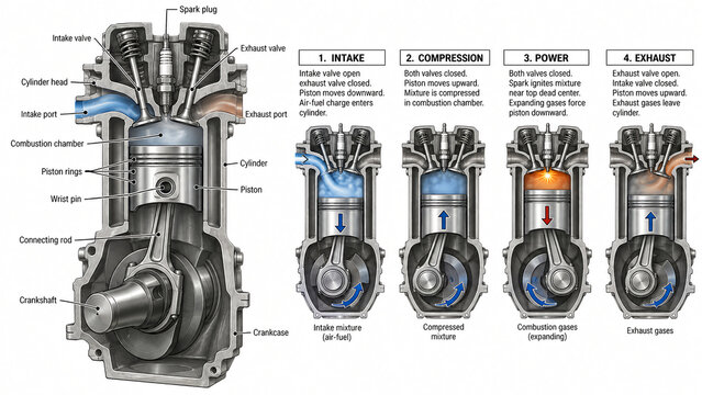 Four Stroke Engine Cycle and Internal Components Diagram