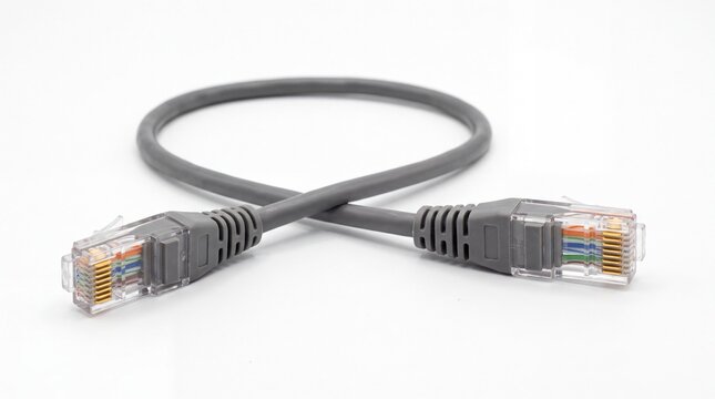 Gray ethernet network cable with dual plastic connectors coiled in a loop on white background