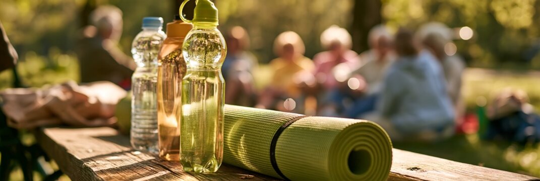 Yoga mat, water bottles, and picnic scene in sunny park setting