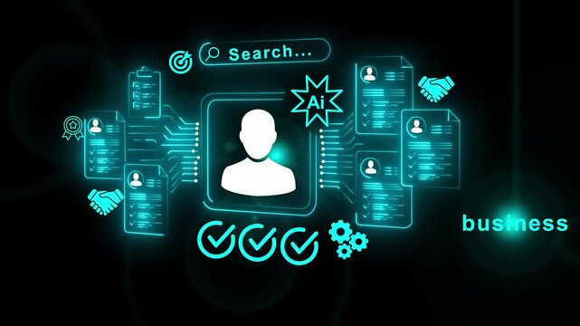 Glowing neon cyan recruitment interface animation showing AI talent search matching candidates resumes and establishing business on a dark digital background