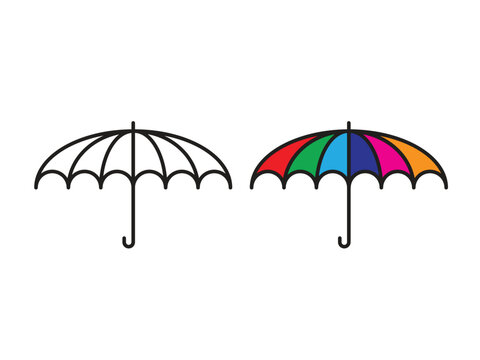 Minimalist umbrella vector icons, colorful rainbow parasol and black outline umbrella set, weather protection symbols for web design and apps