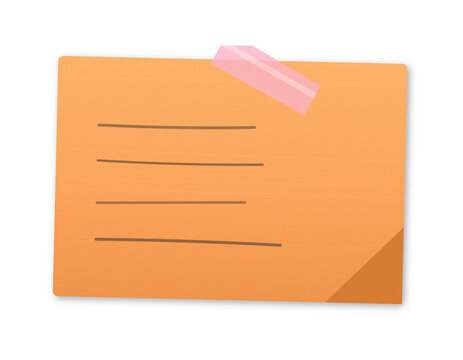 Orange rectangular sticky note with handwritten lines and pink tape on transparent background.