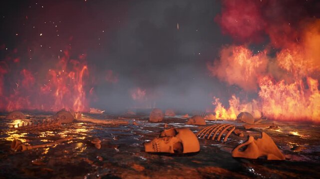Fixed Shot of foggy burning ground with bones