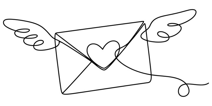 Enveloped heart mail with wings in continuous line drawing style for romantic love letters and valentine communication.