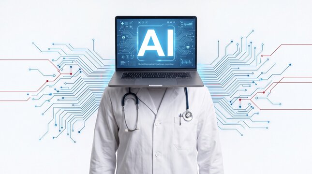 Medical doctor with laptop head representing artificial intelligence technology in healthcare systems showcased on white background