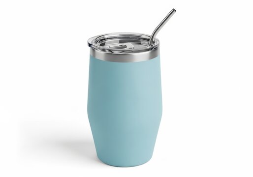 Light blue insulated tumbler with metal lid and straw
