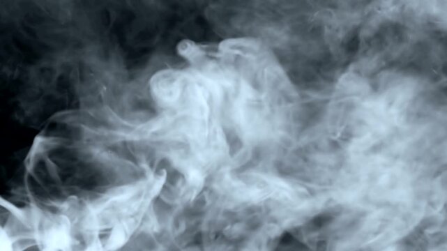 Abstract white smoke swirls and plumes rising against a dark black background, creating a soft ethereal texture and mysterious atmosphere for artistic design projects