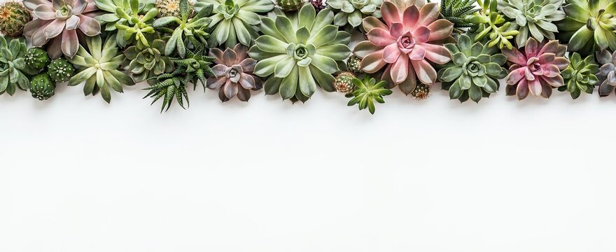 A horizontal border of various small succulent plants arranged in a row across the of a plain white background, with copy space below