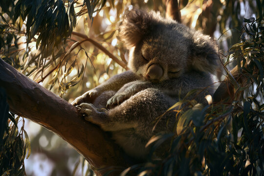 Peaceful Koala Sleeping on a Eucalyptus Branch with Soft Grey Fur Texture and Dappled Sunlight Through Leaves