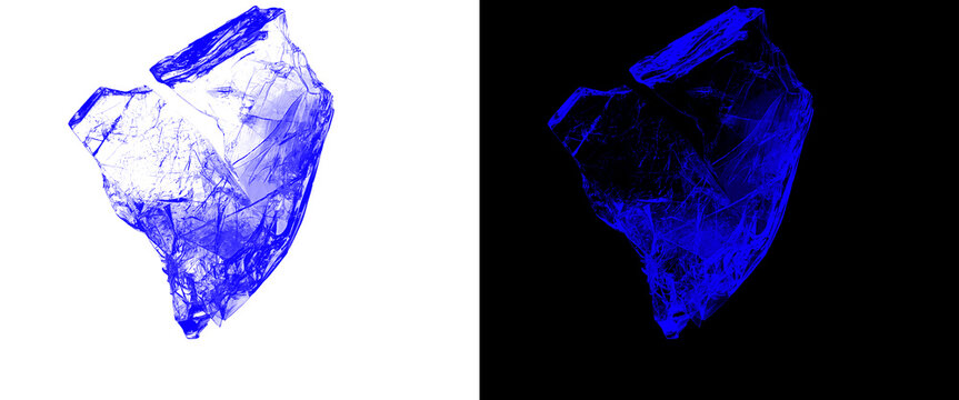 Blue 3D Digital Mesh of Mineral Rock Fragment on White and Black Background
