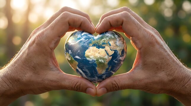 Hands forming a heart shape around a globe