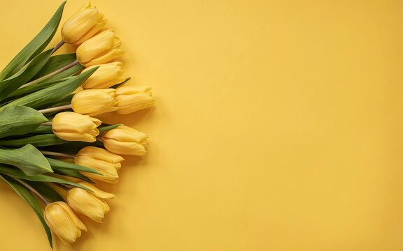 A bouquet of fresh yellow tulips with green stems and leaves arranged on the left side of a solid yellow background, spring theme
