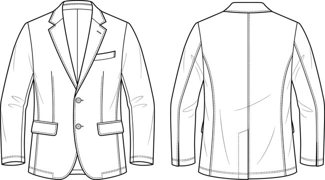 Single Breasted Blazer Technical Flat Sketch Fashion Design Template with Front and Back View