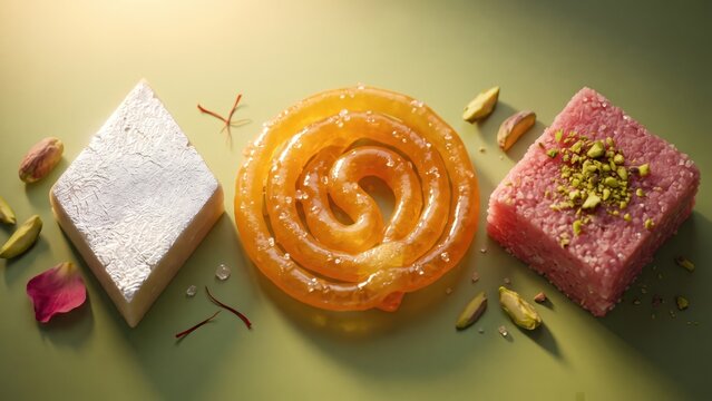 Indian Sweets with Kaju Katli and Jalebi &ndash; Premium Mithai Macro Food Composition.