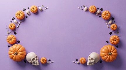 Fototapeta premium Halloween border frame with pumpkins and skulls on a purple background