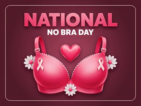 National no bra day awareness banner with pink bra, heart, flowers and ribbon symbol