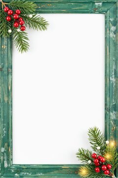 Distressed green wooden frame with christmas holly and pine branches