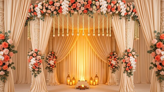 Elegant Indian Wedding Mandap with Coral Flowers &ndash; Luxury Floral Ceremony Decoration.