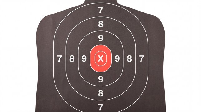 Detailed paper human silhouette shooting target featuring red bullseye center graphic pattern isolated on white background