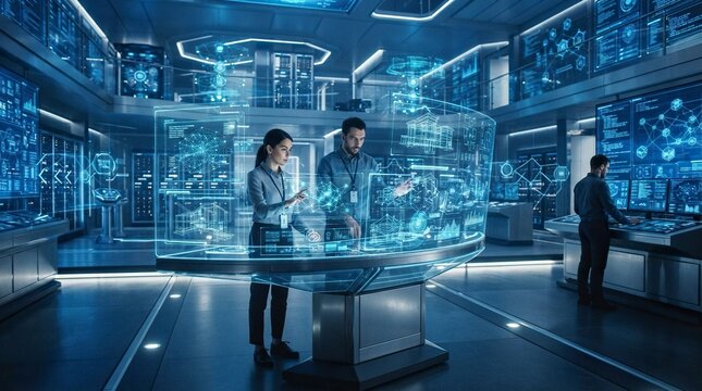 Professional engineers analyzing complex big data on holographic displays in futuristic control room
