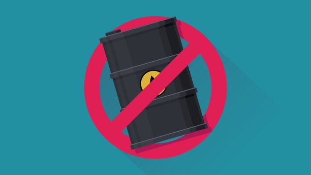 Animated oil barrel with forbidden ban sign representing petroleum embargo, green energy transition, and fossil fuel reduction. (loopable)