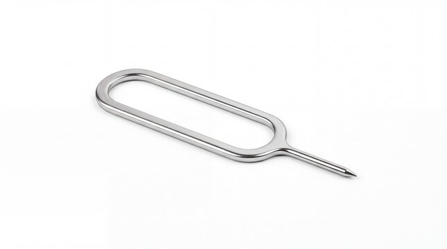 Silver sim card ejector tool used for mobile phones isolated in studio on white background