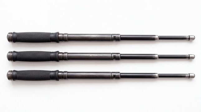 Three metallic telescopic batons arranged horizontally with detailed textured rubber grips displayed clearly on white background