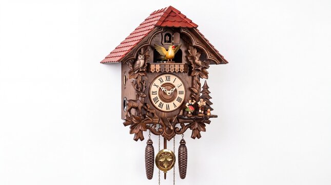 Ornate hand carved wooden cuckoo clock with red roof and swinging pendulum on white background