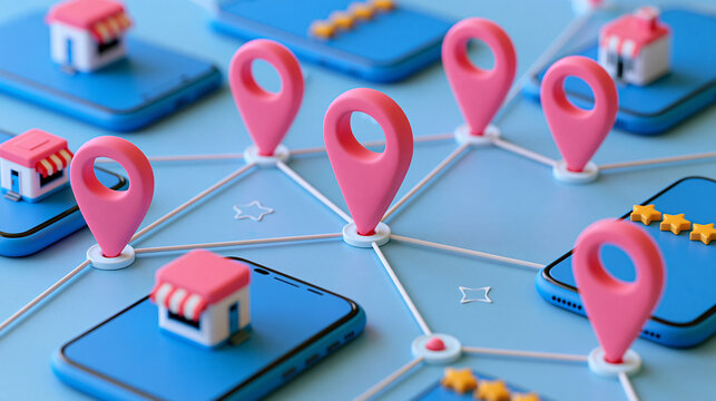 Local SEO strategy visualized as interconnected map pins, storefronts, smartphones and review stars, hyperlocal marketing, customer targeting, online visibility, with copy space