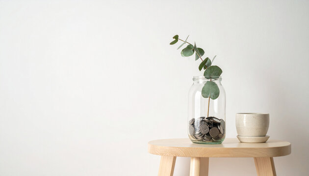 A glass jar filled with coins and a green eucalyptus sprig sits on a wooden stool. This minimalist concept of investment growth features no people, evoking feelings of financial hope and peace.