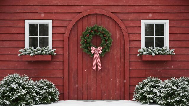Red barn wall with arched door, christmas wreath, and snowy window boxes