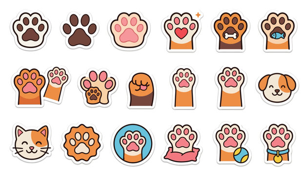 Collection of colorful flat icons depicting paw prints animal faces and associated items pawprint animalpaw petpaw dogpaw catpaw footprint