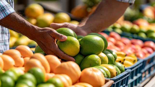 Outdoor market vendor selling colorful tropical fruit, local produce, customer interaction, sustainable food networks, farmers market, vibrant commercial photography, with copy