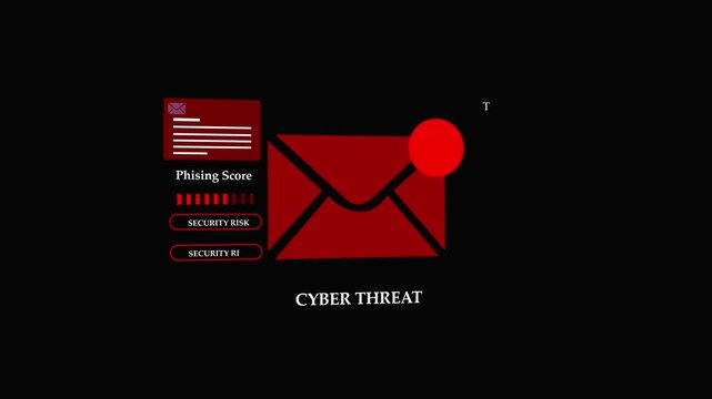 Cyber threat alert email security graphic animation showing a phishing score warning indicator envelope icon with exclamation mark on dark crimson background for cyber crime concept.