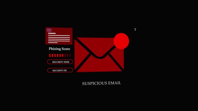 Suspicious emil alert security graphic animation showing a phishing score warning indicator envelope icon with exclamation mark on dark crimson background for cyber crime concept.