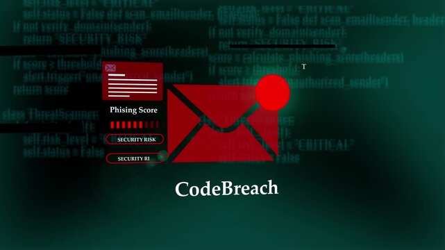 CodeBreach Source Code Vulnerability Icon Software Exploit Warning Red Envelope Alert Programming Security Flaw Animation. Development Risk Graphic Design