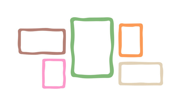 Organic frame collection, irregular rounded shapes and hand drawn borders, abstract picture holders and decorative panels, playful wall display arrangements flat vector illustration.