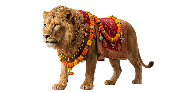 Majestic lioness adorned with traditional Indian festive golden jewelry and red drapery