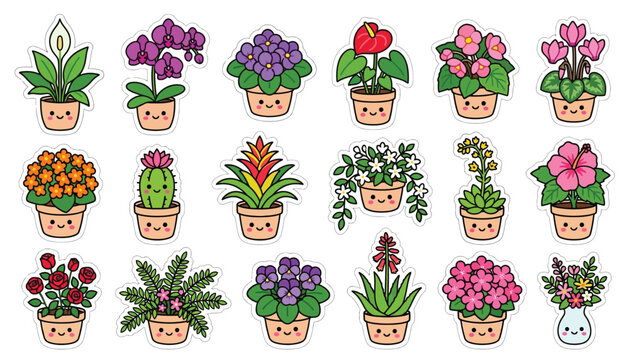 An assortment of potted flowering plants with cheerful faces is depicted in a colorful vector illustration anthurium begonia bromeliad