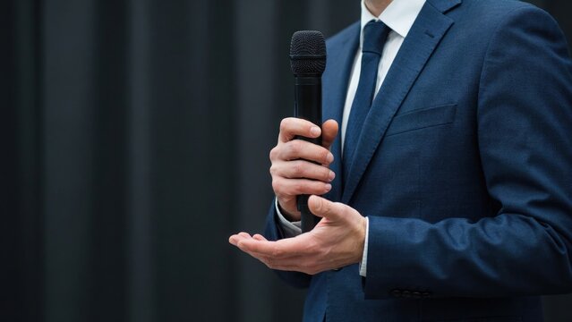 Man in a navy blue suit holding a black microphone, speaking on stage