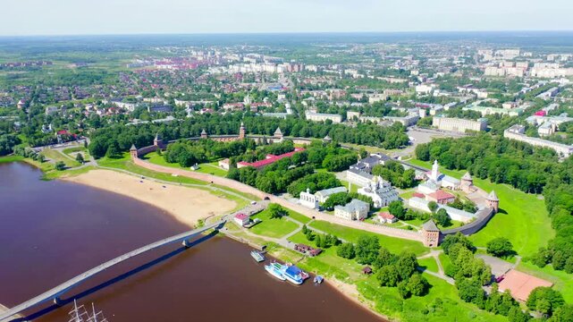 Veliky Novgorod, Russia. Novgorod Kremlin (Detinets), Volkhov River. Flight over the city. Drone footage