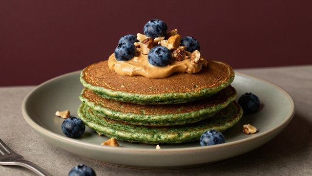 Stack of vibrant green spirulina pancakes topped with fresh blueberries, creamy peanut butter, and chopped walnuts on a ceramic plate.