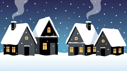 Fototapeta premium Snowy winter houses with smoking chimneys against a dark blue night sky and falling snowflakes