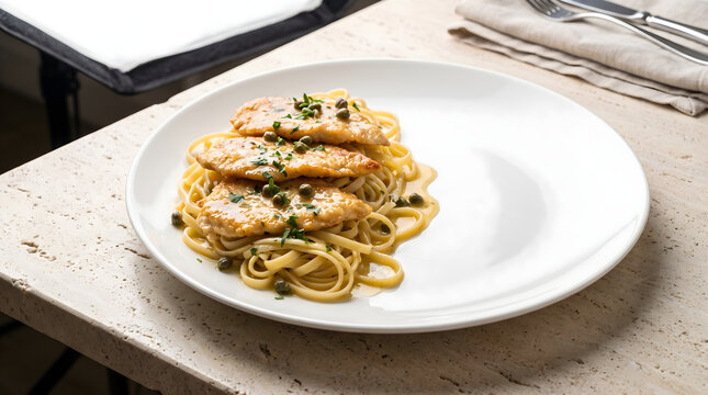 A gourmet plate of chicken piccata pasta with lemon caper sauce and fresh parsley served on a rustic stone tabletop