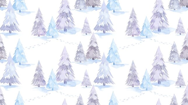 Watercolor pine trees and footprints in snow create a seamless winter forest pattern on a white background